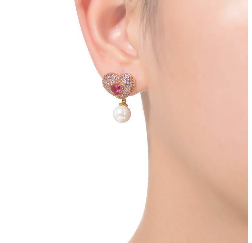 Lab Created Sterling Silver 14K Gold Plated with Ruby Red Cubic Zirconia Heart Earrings with Drop Pearl