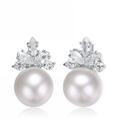 Rozzato Lab Created Sterling Silver White Gold Plating with Clear Cubic Zirconia & White Fresh Water Pearl Drop Earrings