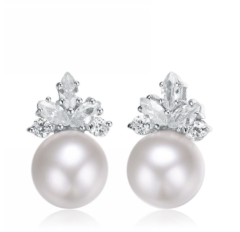 Lab Created Sterling Silver White Gold Plating with Clear Cubic Zirconia & White Fresh Water Pearl Drop Earrings