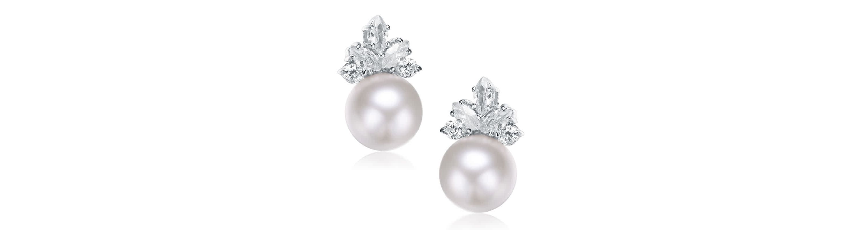 Lab Created Sterling Silver White Gold Plating with Clear Cubic Zirconia & White Fresh Water Pearl Drop Earrings