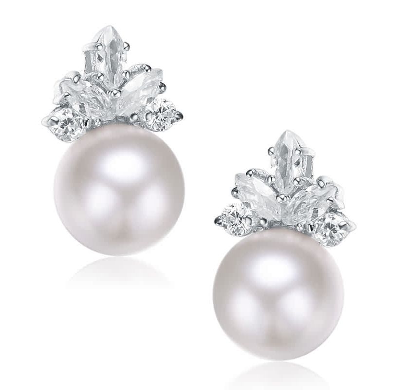 Lab Created Sterling Silver White Gold Plating with Clear Cubic Zirconia & White Fresh Water Pearl Drop Earrings