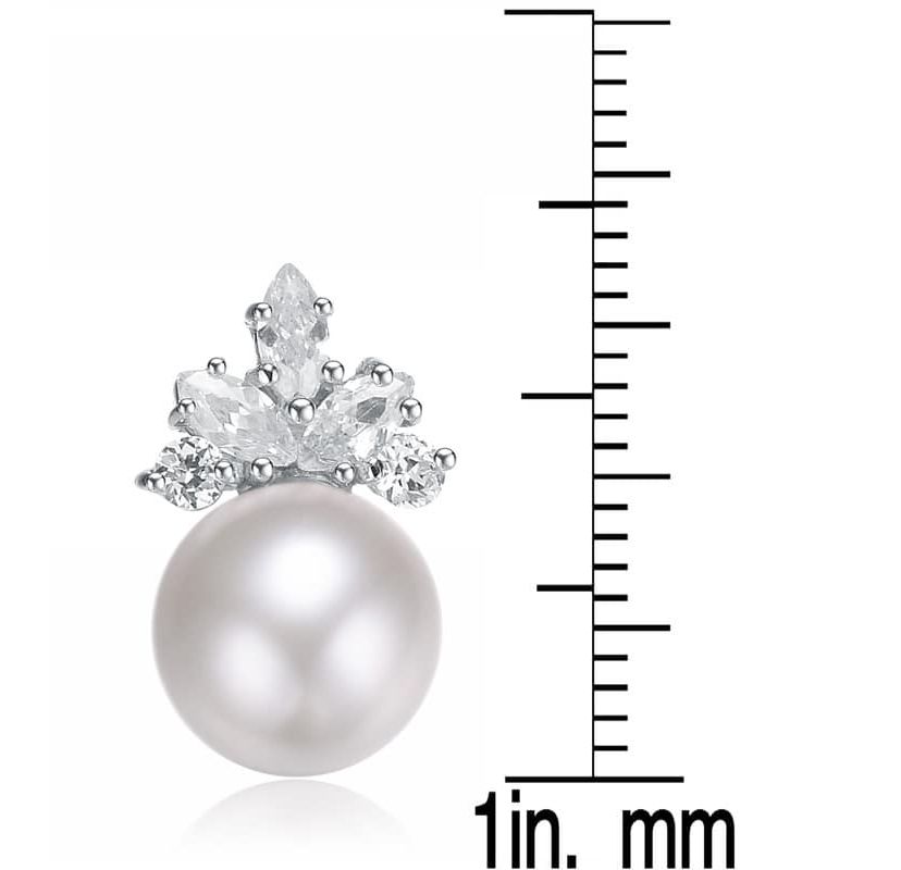 Lab Created Sterling Silver White Gold Plating with Clear Cubic Zirconia & White Fresh Water Pearl Drop Earrings