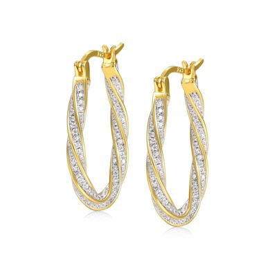 Rozzato Lab Created Sterling Silver 14K Gold Plated with Clear Cubic Zirconia Oval Oblong Twist Hoop Earrings