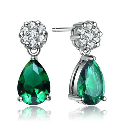 Rozzato Lab Created Sterling Silver White Gold Plated with Emerald Green Cubic Zirconia Teardrop Earrings