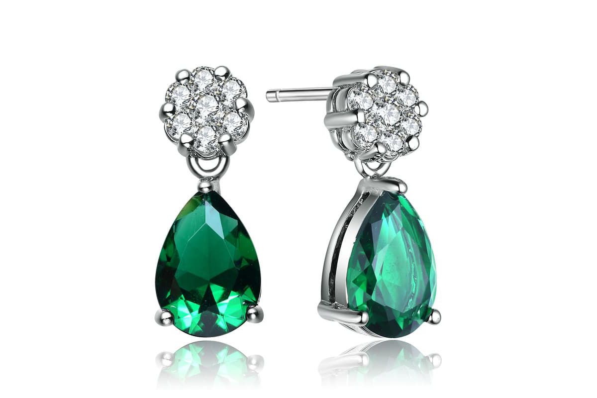 Lab Created Sterling Silver White Gold Plated with Emerald Green Cubic Zirconia Teardrop Earrings