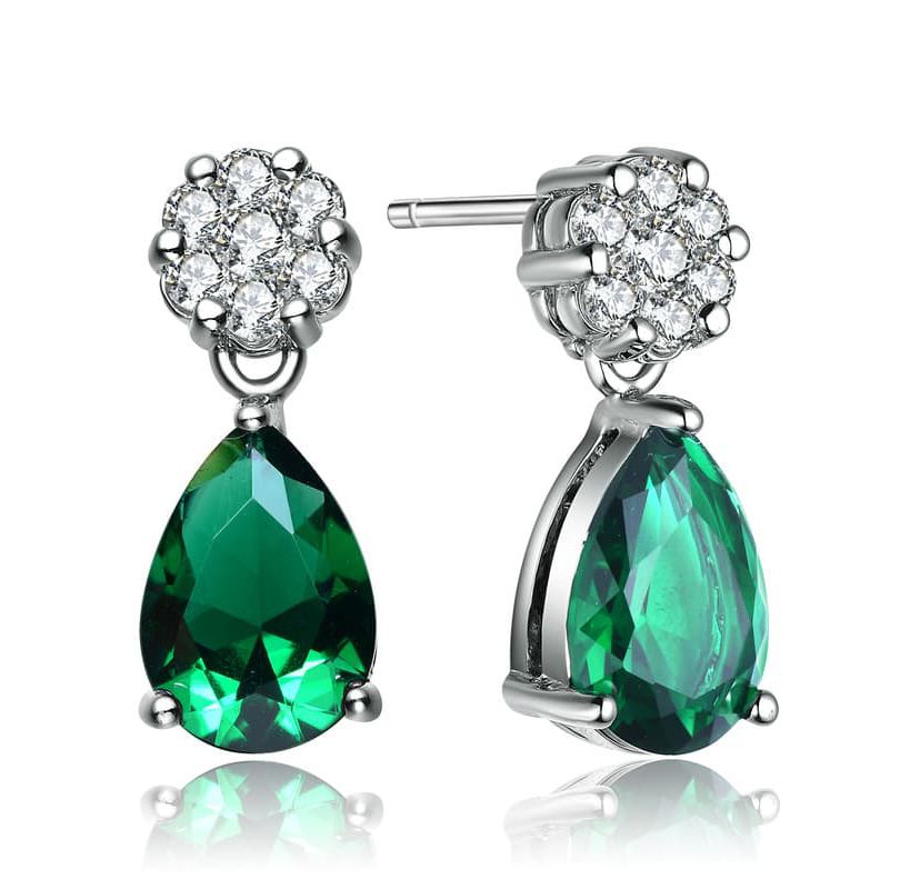 Lab Created Sterling Silver White Gold Plated with Emerald Green Cubic Zirconia Teardrop Earrings