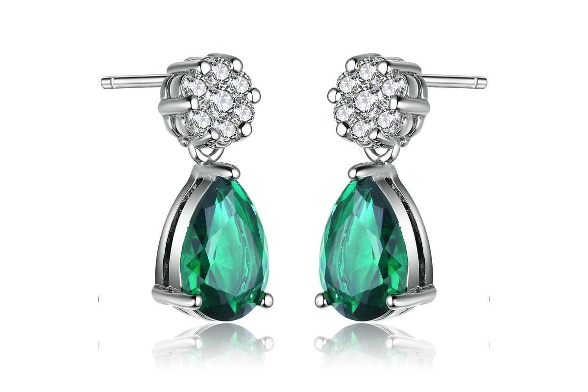Lab Created Sterling Silver White Gold Plated with Emerald Green Cubic Zirconia Teardrop Earrings