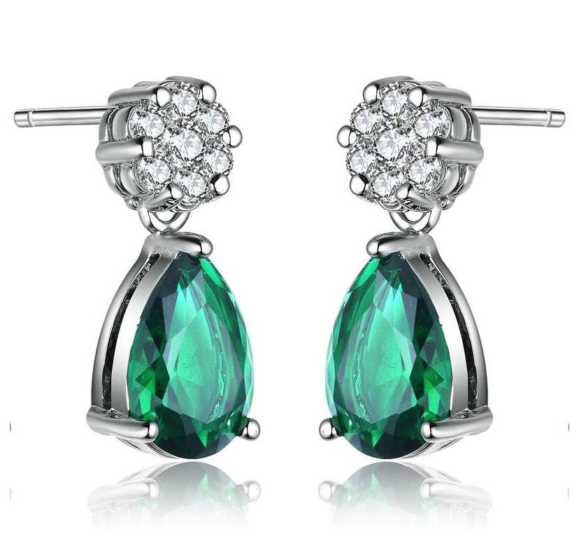 Lab Created Sterling Silver White Gold Plated with Emerald Green Cubic Zirconia Teardrop Earrings