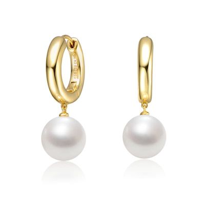 Rozzato Lab Created Sterling Silver 14K Gold Plated with White Pearl Huggie Drop Earrings