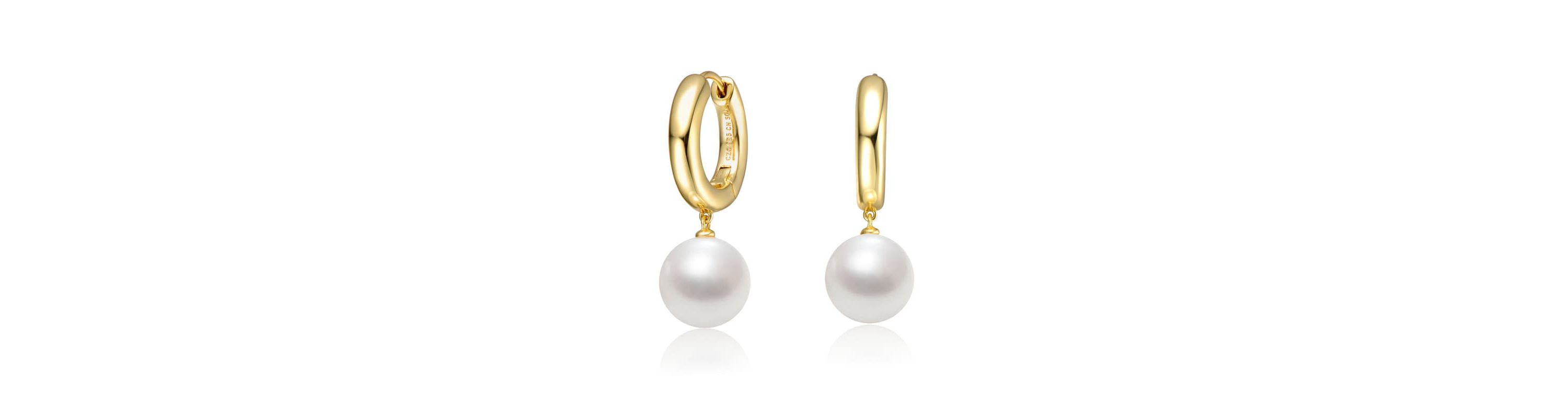 Lab Created Sterling Silver 14K Gold Plated with White Pearl Huggie Drop Earrings