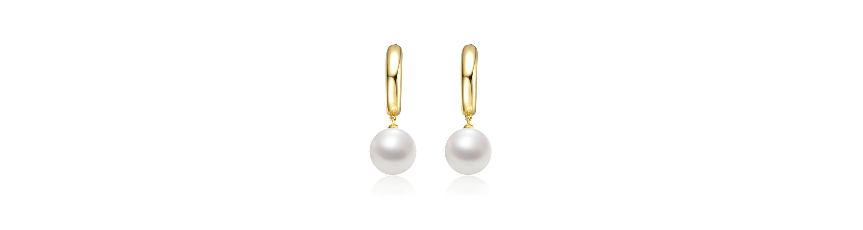 Lab Created Sterling Silver 14K Gold Plated with White Pearl Huggie Drop Earrings
