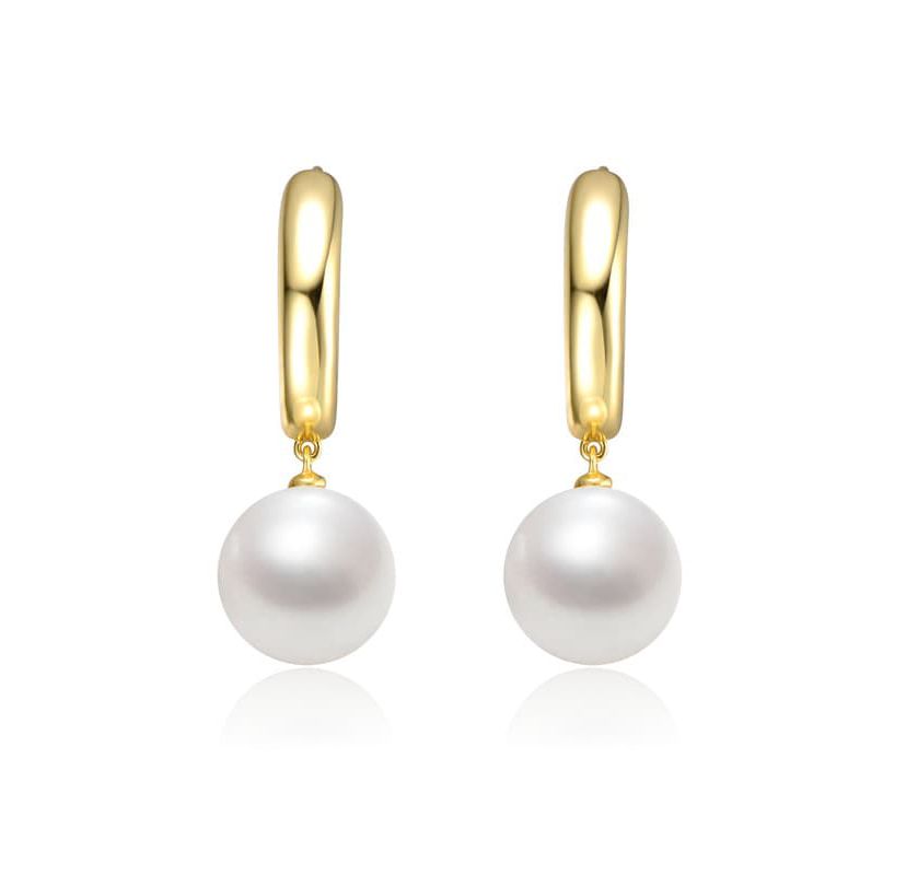 Lab Created Sterling Silver 14K Gold Plated with White Pearl Huggie Drop Earrings