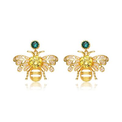 Rozzato Lab Created Sterling Silver 14K Gold Plated with Green Cubic Zirconia Bee Stud Butterfly Earrings