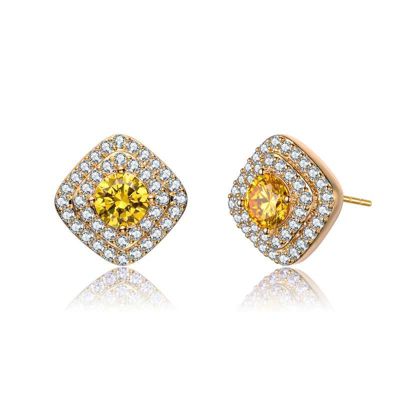 Rozzato Lab Created 14K Gold Plated with Yellow Cubic Zirconia Square Halo Stud Earrings