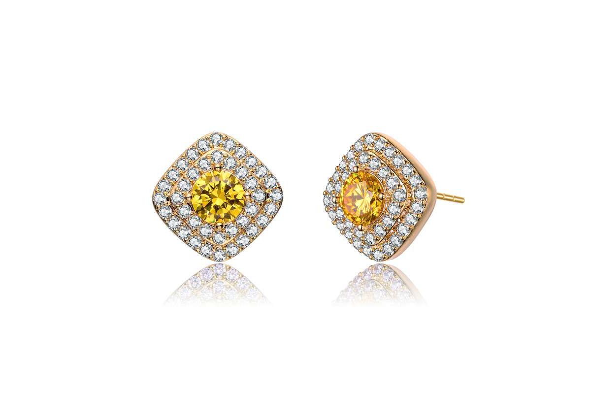 Lab Created 14K Gold Plated with Yellow Cubic Zirconia Square Halo Stud Earrings