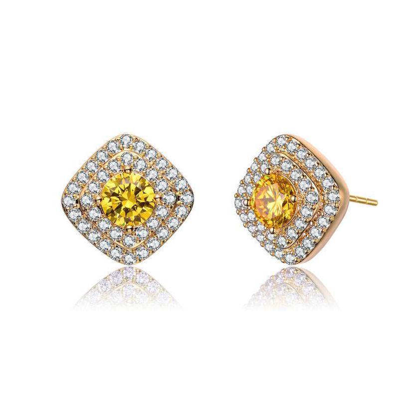 Lab Created 14K Gold Plated with Yellow Cubic Zirconia Square Halo Stud Earrings