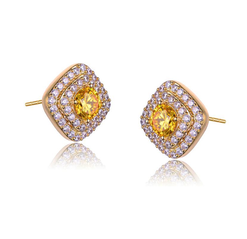 Lab Created 14K Gold Plated with Yellow Cubic Zirconia Square Halo Stud Earrings