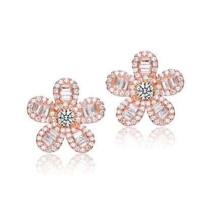 Rozzato Lab Created Sterling Silver 18K Rose Plated with Clear Cubic Zirconia Flower Stud Earrings, Pink