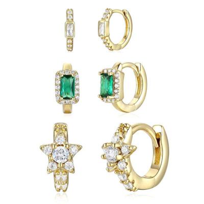 Rozzato Lab Created Sterling Silver 14K Gold Plated with Emerald & Cubic Zirconia Halo Star 3-Piece Hoop Earrings Set
