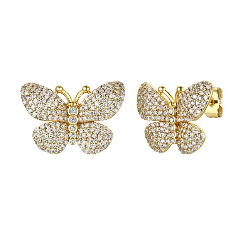Lab Created Sterling Silver 14K Gold Plated with Clear Cubic Zirconia Butterfly Pave Earrings