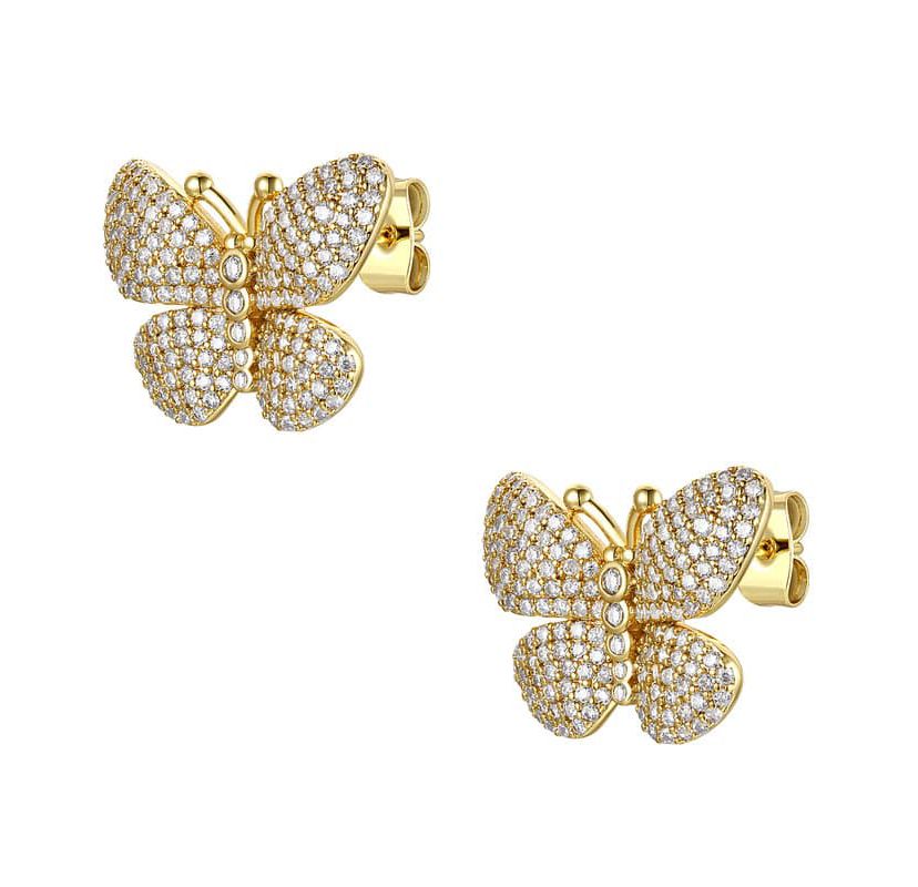 Lab Created Sterling Silver 14K Gold Plated with Clear Cubic Zirconia Butterfly Pave Earrings