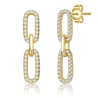 Rozzato Lab Created Sterling Silver 14K Gold Plated with Cubic Zirconia Triple Link Chain Dangle Earrings