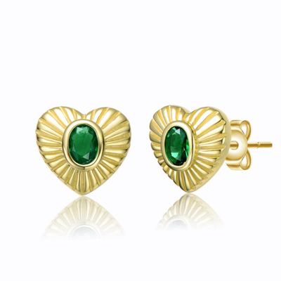 Rozzato Lab Created Teens Sterling Silver 14K Gold Plated with Emerald Green Cubic Zirconia Sunray Heart Stud Earrings