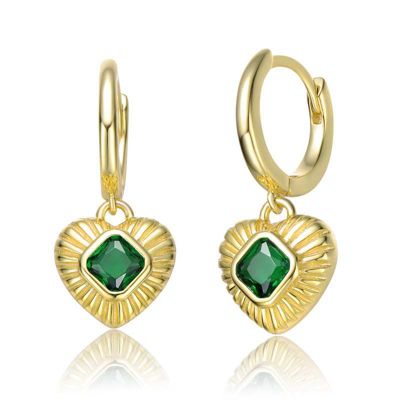 Rozzato Lab Created Teens Sterling Silver 14K Gold Plated with Emerald Green Cubic Zirconias Dangle Heart Huggie Hoop Earrings