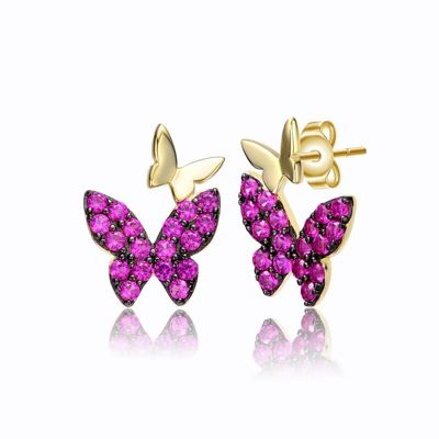 Rozzato Lab Created Sterling Silver 14K Gold Plated with Ruby Red Cubic Zirconia Double Butterfly Drop Earrings
