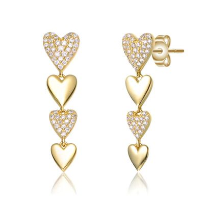 Rozzato Lab Created Sterling Silver 14K Gold Plated with Clear Cubic Zirconia Double Stampato Heart Dangle Earrings
