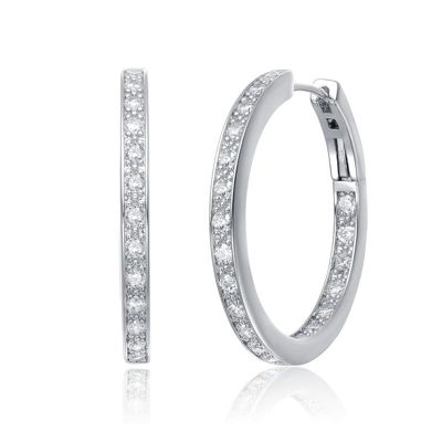 Rozzato Lab Created Sterling Silver White Gold Plated with Clear Cubic Zirconia Hoop Earrings