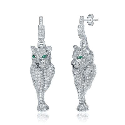 Rozzato Lab Created Sterling Silver White Gold Plated with Emerald Green Eyes & Clear Cubic Zirconia Panther Drop Earrings