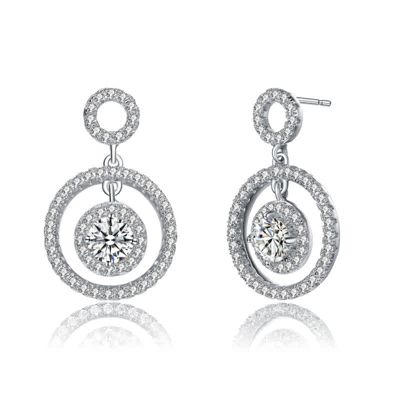 Rozzato Lab Created Sterling Silver White Gold Plated with Clear Round Cubic Zirconia Halo Drop Earrings