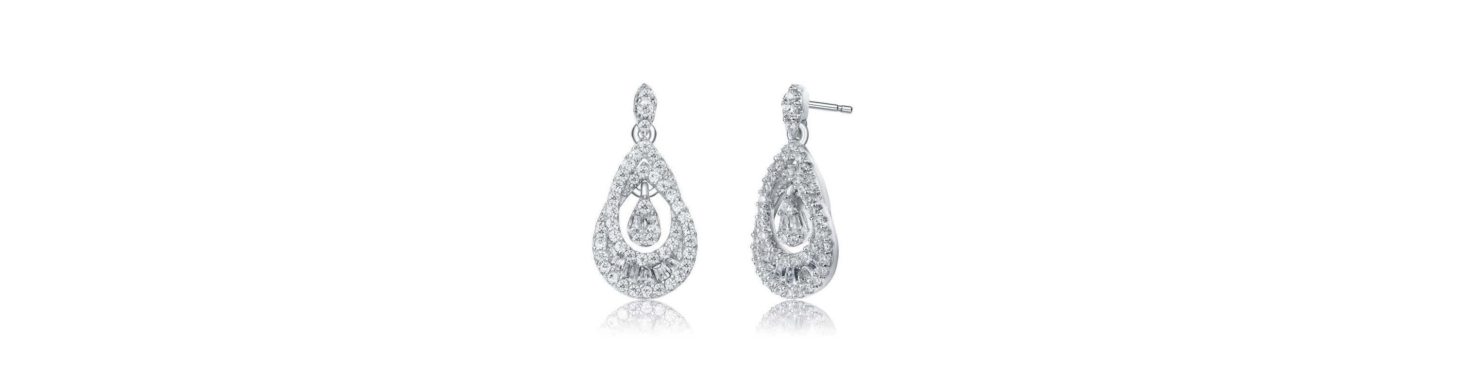 Lab Created Sterling Silver White Gold Plated with Clear Round Cubic Zirconia Double Pear Drop Earrings