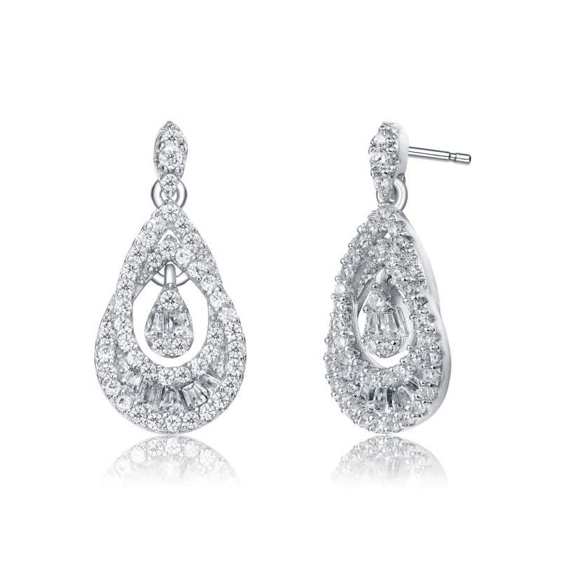Lab Created Sterling Silver White Gold Plated with Clear Round Cubic Zirconia Double Pear Drop Earrings