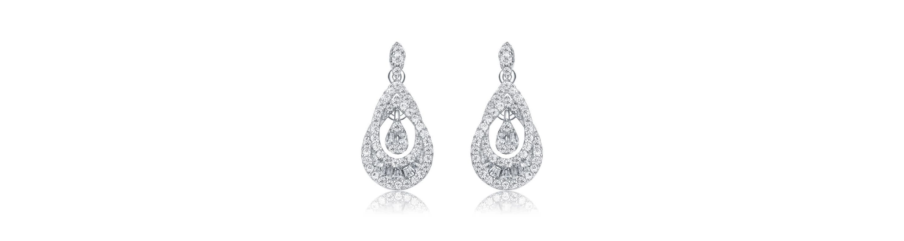 Lab Created Sterling Silver White Gold Plated with Clear Round Cubic Zirconia Double Pear Drop Earrings