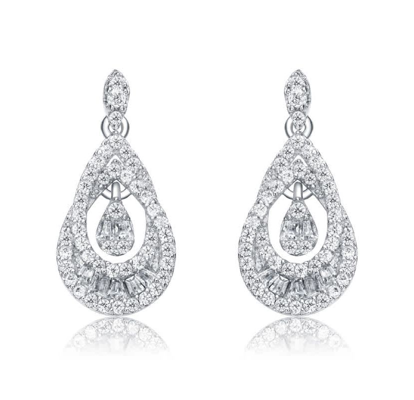 Lab Created Sterling Silver White Gold Plated with Clear Round Cubic Zirconia Double Pear Drop Earrings