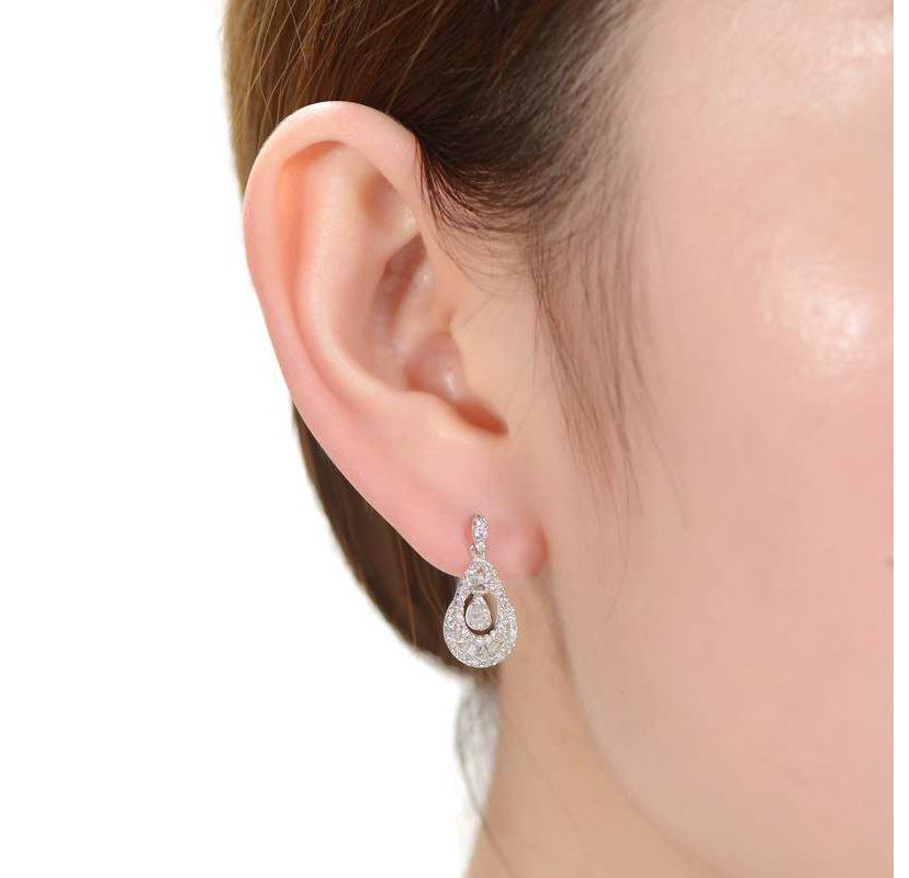 Lab Created Sterling Silver White Gold Plated with Clear Round Cubic Zirconia Double Pear Drop Earrings