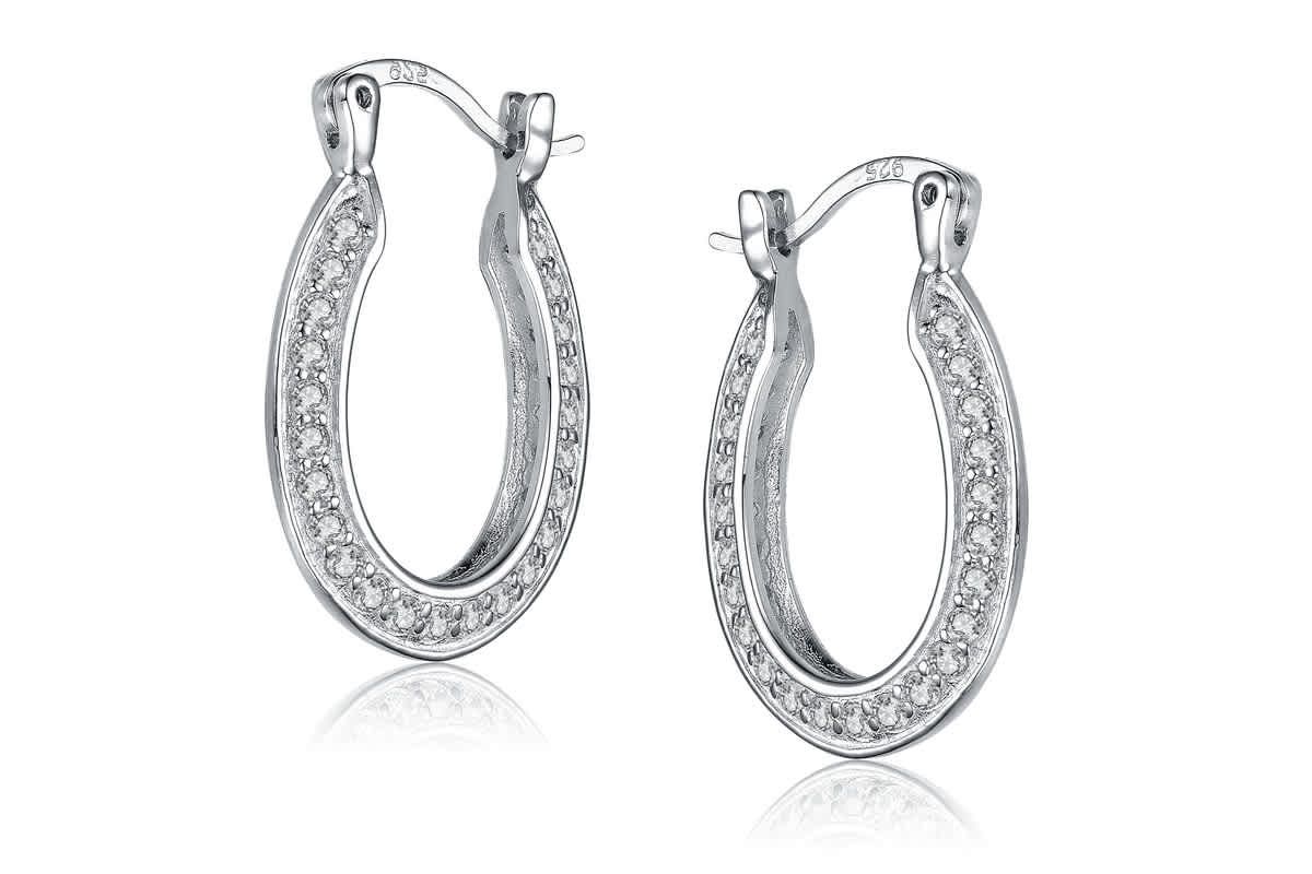 Lab Created Sterling Silver White Gold Plated with Clear Cubic Zirconia Horseshoe Hoop Earrings