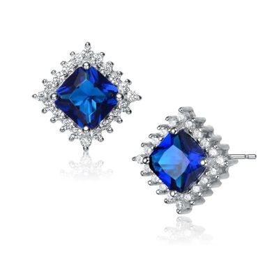 Rozzato Lab Created Sterling Silver White Gold Plated with Sapphire Blue Cubic Zirconia Sapphire Square Shape Earrings