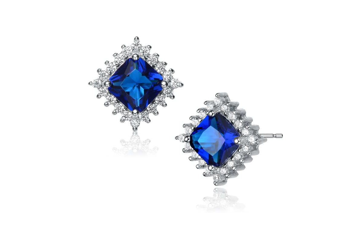 Lab Created Sterling Silver White Gold Plated with Sapphire Blue Cubic Zirconia Sapphire Square Shape Earrings