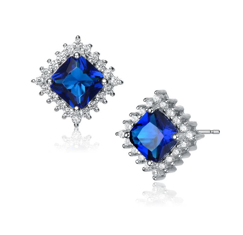 Lab Created Sterling Silver White Gold Plated with Sapphire Blue Cubic Zirconia Sapphire Square Shape Earrings