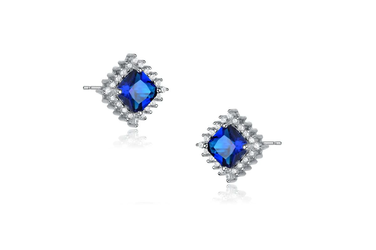 Lab Created Sterling Silver White Gold Plated with Sapphire Blue Cubic Zirconia Sapphire Square Shape Earrings