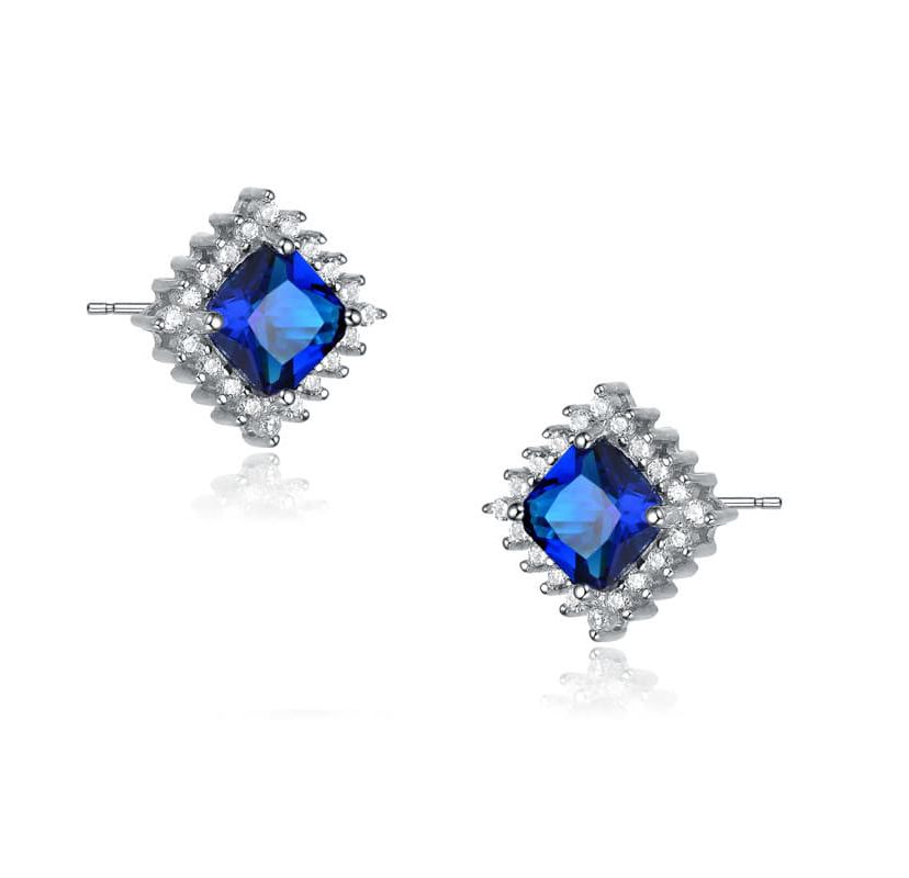Lab Created Sterling Silver White Gold Plated with Sapphire Blue Cubic Zirconia Sapphire Square Shape Earrings