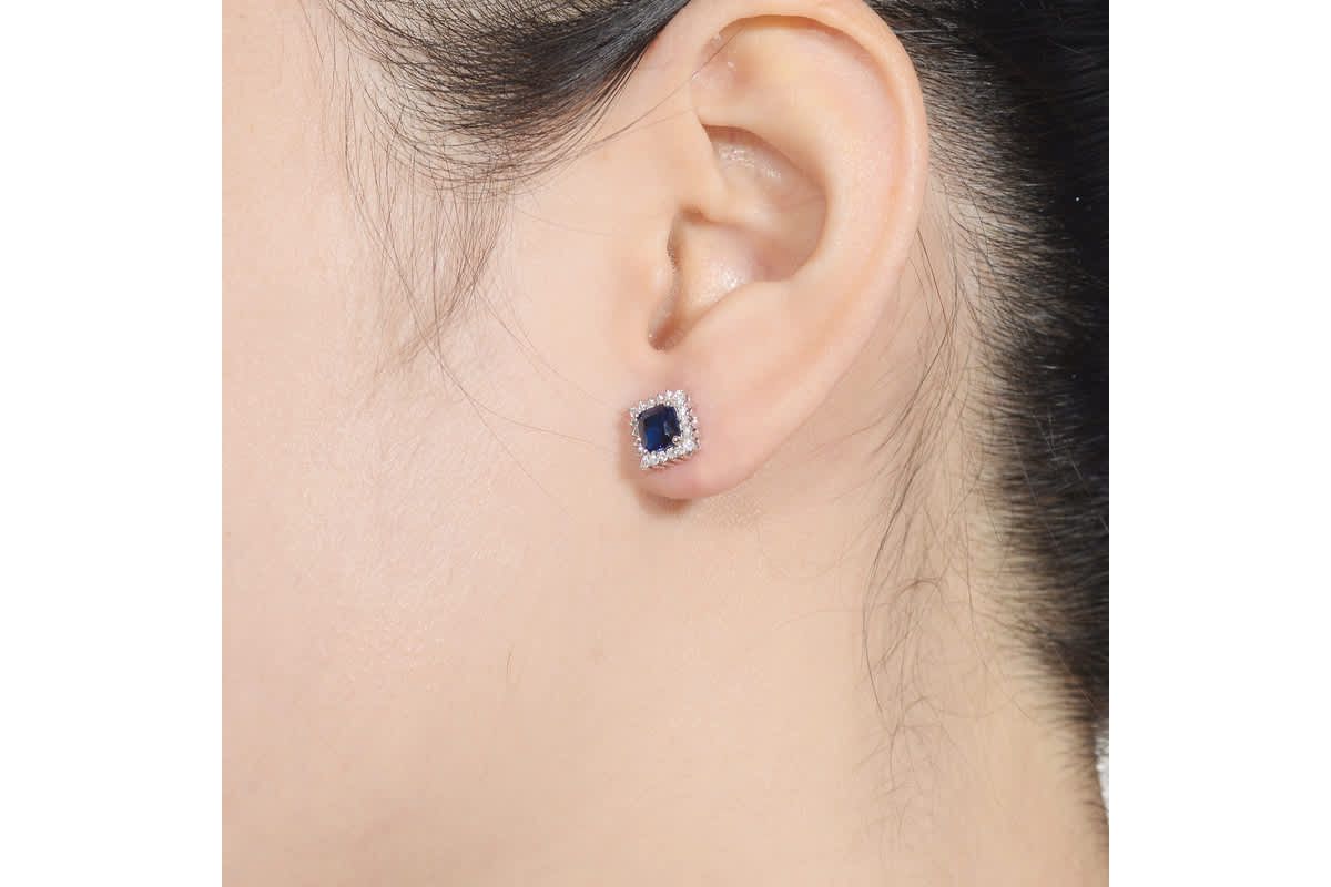 Lab Created Sterling Silver White Gold Plated with Sapphire Blue Cubic Zirconia Sapphire Square Shape Earrings