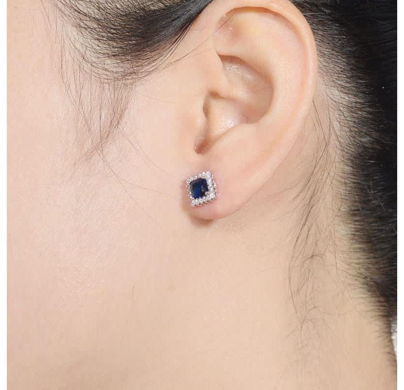 Lab Created Sterling Silver White Gold Plated with Sapphire Blue Cubic Zirconia Sapphire Square Shape Earrings