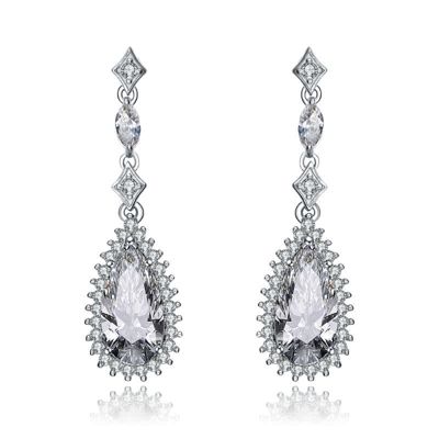 Rozzato Lab Created Sterling Silver White Gold Plated with Clear Pear Cubic Zirconia Halo Drop Earrings