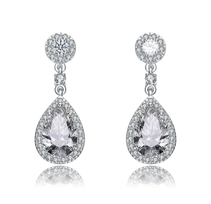 Lab Created Sterling Silver White Gold Plated with Clear Pear Cubic Zirconia Drop Earrings