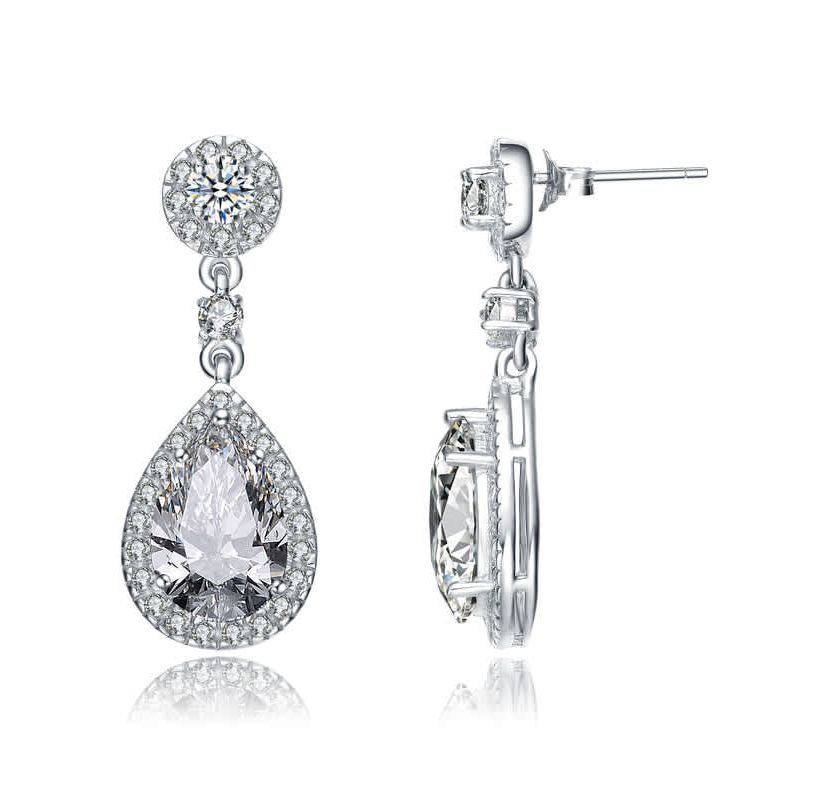 Lab Created Sterling Silver White Gold Plated with Clear Pear Cubic Zirconia Drop Earrings