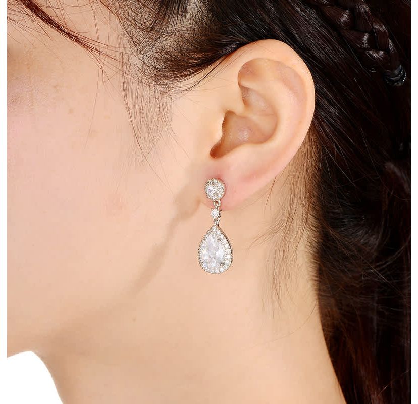 Lab Created Sterling Silver White Gold Plated with Clear Pear Cubic Zirconia Drop Earrings